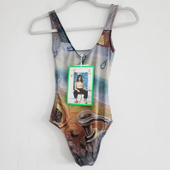 Zara Sleeveless Semi-Sheer Tulle Bodysuit Top with Artists Works Print Small - Picture 4 of 6